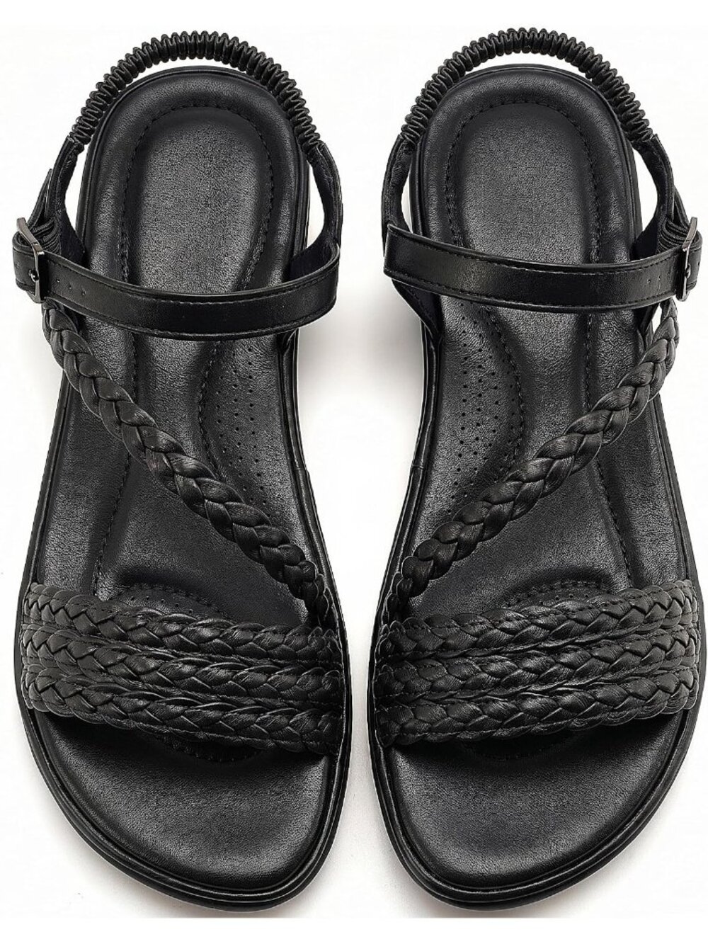 Women's Black Braided Comfortable Elastic Ankle Strap Buckled Flat Sandals